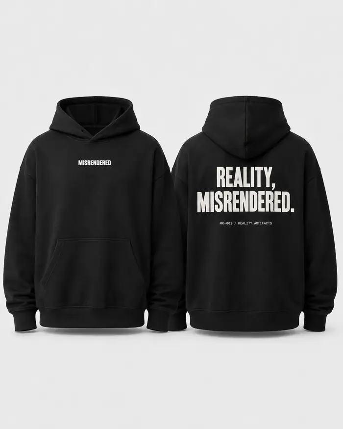 MISRENDERED MR-001 black heavyweight hoodie realistic studio mockup showing front and back