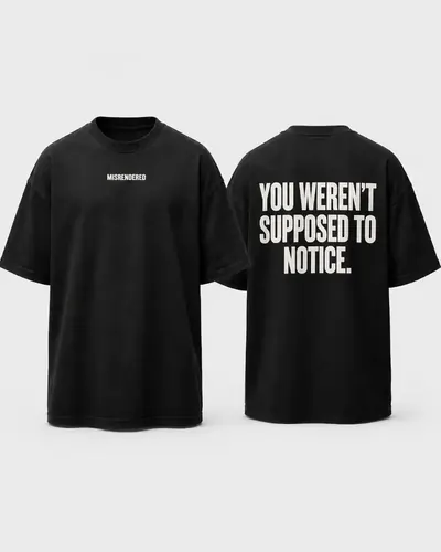 MISRENDERED MR-003 black oversized tee realistic studio mockup showing front and back