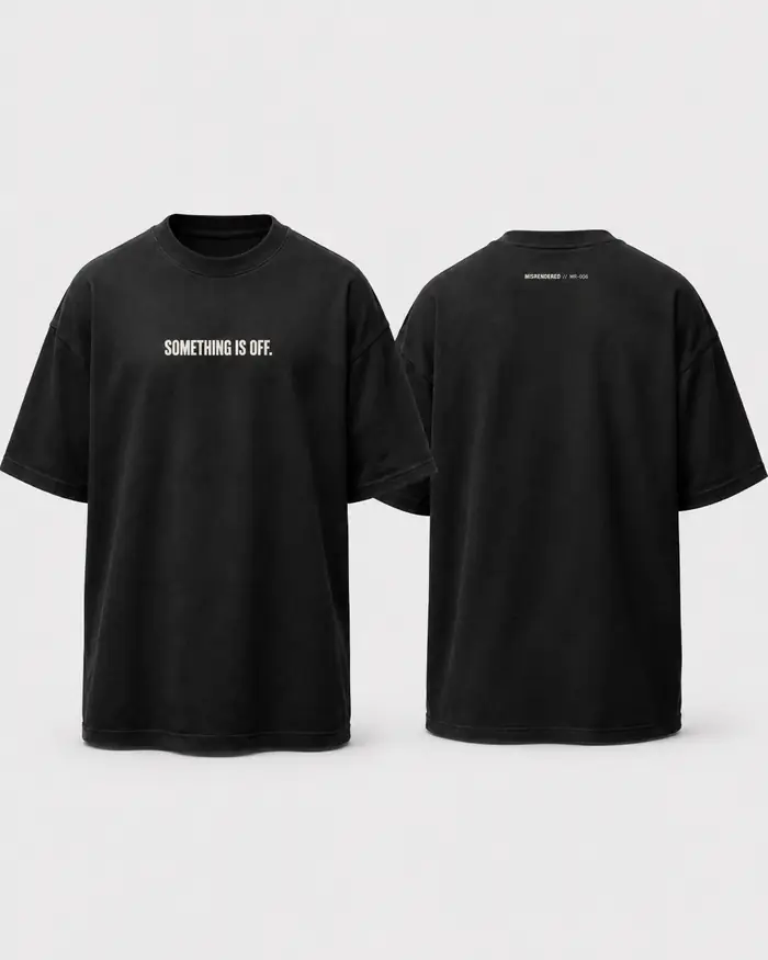 MISRENDERED MR-006 black oversized tee realistic studio mockup showing front and back